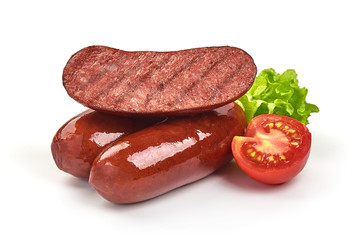 Grilled pork sausages, Oktoberfest dishes, isolated on white background