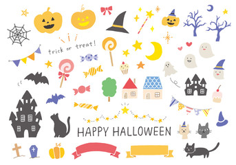 ハロウィンの手描きイラストセット（カラー）