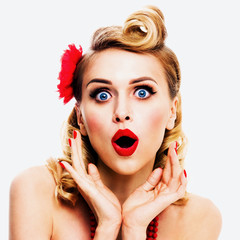 Excited surprised or very happy woman. Pin up girl with opened mouth and raised hands. Retro and vintage concept studio image. Isolated over bright grey color background. Square composition photo.