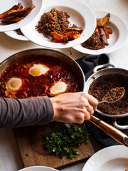 Tomato based Shakshuka - Middle Eastern food in the pan.