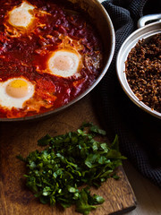 Tomato based Shakshuka - Middle Eastern food in the pan.