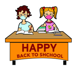 Boy & Girl young student  with mask, sitting on class, back to school vector