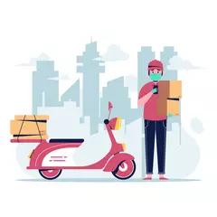 Foto op Plexiglas Delivery service with red scooter and courier. Flat design vector illustration © Fadriapr