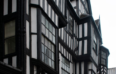 Detail of a half timbered historic building in the beautiful English city of Shrewsbury. Traditional Tudor construction with character, charm and style.