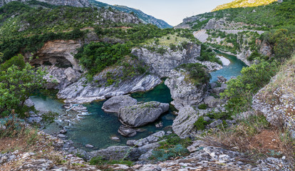 The Moraca River Canyon Platije is one of the most picturesque canyons in Montenegro. Summer mountain dusk travel and nature beauty scene.