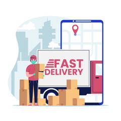 Fast delivery service with red truck and courier in medical mask and gloves delivered the parcel. parcel delivery service in the city. Flat design vector illustration