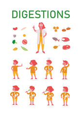 Printables of digestion for children. How do we eat. Teaching material for school about healthy eating habits. Nutritionist and kids characters boys and girls.  Food icon set.