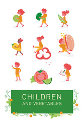 Fototapeta premium Set of children holding vegetables, boy with hamburger and girl writing to notebook isolated white background. Concept of healthy eating habits, nutrition education. Food basket, healthy choice. 