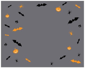 Big and small pumpkin spiders and bats on a gray background