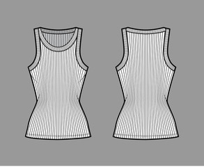 Ribbed cotton-jersey tank technical fashion illustration with wide scoop neck, fitted knit body, tunic length. Flat outwear camisole apparel template front back white color. Women men unisex shirt top