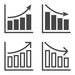Column growth and decrease charts with arrows icon set isolated on white background.