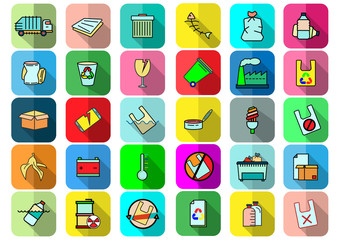 Set of Garbage Related Vector icons.Trash, Plastic,Aluminium Can, Pollution,Vector concept Organic Waste icons and  Recycle Plant concept.