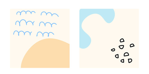 Different abstract backgrounds. Hand drawn various shapes and doodle objects. Contemporary modern trendy vector illustrations. Visual design for your social networks, personal blog, shop.