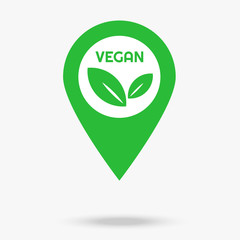 Green vegan marker for business with leaves. Organic food, ecology friendly. Eps 10 vector