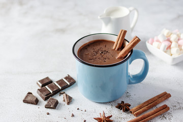 Spicy hot chocolate with cinnamon and star anise in enamel blue mug on white background.