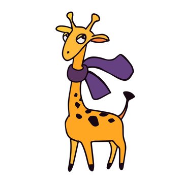 Animals of zoo. Giraffe with scarf in cartoon style. Isolated cute character on white. Vector illustration