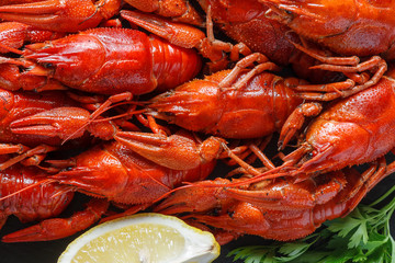 Background of beautiful, delicious boiled red crayfish