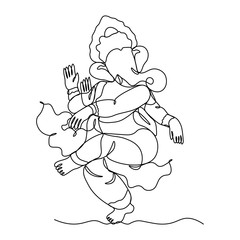 One continuous single drawn line art doodle spirituality happy ganesh indian culture .Isolated image of a hand drawn outline on a white background.