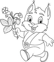 Fototapeta premium Coloring page outline of cartoon smiling cute beautiful fox with flowers and berries. Colorful vector illustration, summer coloring book for kids.