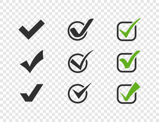 Check mark. Check marks collection. Green and black check mark vector icons. Check mark with circle and square. Vector illustration