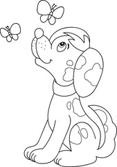 Coloring page outline of cartoon smiling cute dog with butterflies. Colorful vector illustration, summer coloring book for kids.