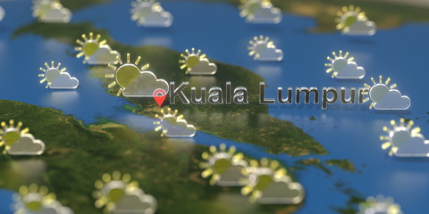 Partly cloudy weather icons near Kuala Lumpur city on the map, weather forecast related 3D rendering