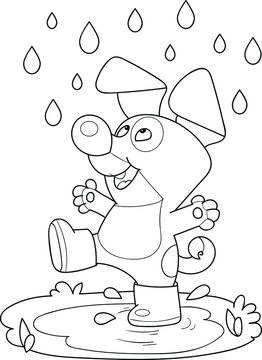 Coloring page outline of cartoon smiling cute little dog walking in the rain. Colorful vector illustration, summers coloring book for kids.