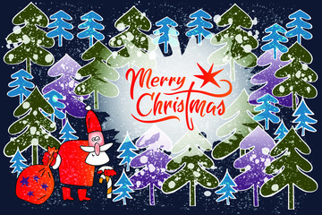 Inscription Merry Christmas, Santa Claus and winter forest. Christmas card.
