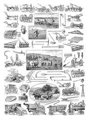 Collection of Old Agricultural machines, farm tractors, construction vehicles. / Antique engraved illustration from from La Rousse XX Sciele 