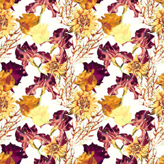 Summer flowers, lilie, roses and dahlia, seamless pattern.