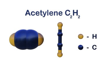 Structural chemical formula and molecular model of acetylene, an industrial raw material used to produce solvents and alkenes for plastic production. 3d illustration