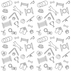 Vector seamless pattern with doodle icons, dog agility equipment and pet symbols, isolated on white background. Canine club or petshop concept, print for textile