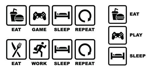 Quote Eat play sleep repeat sign or work icons. Funny vector party games slogans symbol icon. Set playing repeats signs. Gamer player video game and gamepad controller joystick.