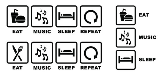 Quote Eat play sleep repeat sign or music icons. Funny vector party games slogans symbol icon. Set playing repeats signs. Gamer player video game and gamepad controller joystick.