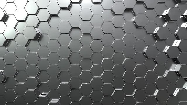 Silver hexagon honeycomb movement background. Grey abstract art and geometric concept. 4K motion graphic footage video. Seamless loop
