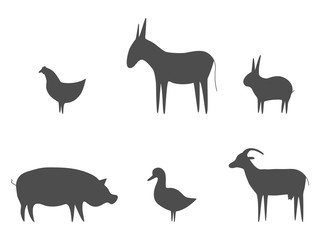 Farm animals black outline set vector illustration. Pig, duck, goat, chicken, rabbit and donkey isolated on white. Domestic animals collection. Animal silhouettes group.