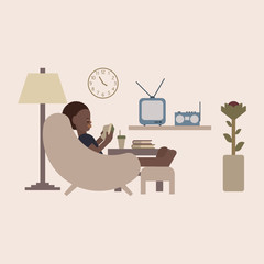 Black boy sitting on a chair while reading a book in the living room. Cartoon vector illustration, flat style.