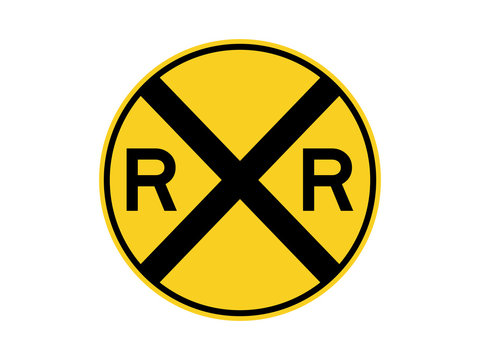 isolated railroad crossing sign on yellow circle board symbol for information, notification, road or street board,  icon. flat vector design.