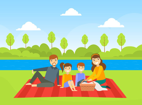 Happy Family Having Picnic Outdoors, Dad, Mom, Son and Daughter Resting on Nature Cartoon Vector Illustration