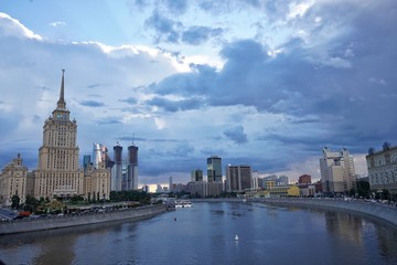 Fototapeta na wymiar Hotel Ukraine at sunset. Moscow City skyscrapers 