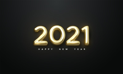 Happy New 2021 Year. Holiday vector illustration of golden metallic numbers 2021. Realistic 3d sign. Festive poster or banner design