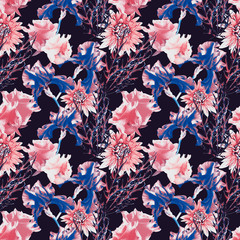 Summer flowers, lilie, roses and dahlia, seamless pattern.