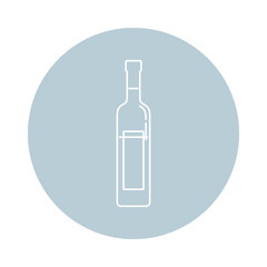 Illustration of bottle of vodka in flat style in form of thin lines. In the form of background is circle of color drinks. Isolated object design beverage. Simple icon for restaurant, pub, party