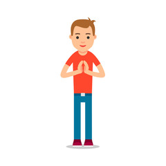Young man standing and makes greeting with his hands together to prevent transmission of viruses. Isolated vector illustration in flat style on white background. Namaste of european man