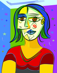abstract drawing, woman head in cubist art style