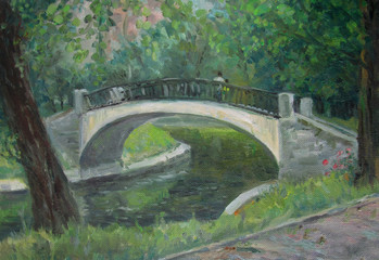White bridge in a summer park, oil painting