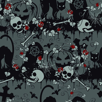 Seamless vector pattern with red roses in graveyard on grey background. Gothic Halloween wallpaper design with pumpkin and black cat. Holiday symbol fashion textile.
