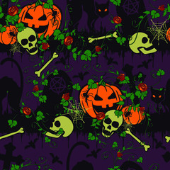 Seamless vector pattern with Gothic Halloween graveyard on purple background. Scary holiday wallpaper design with pumpkins and red roses. Culture fashion textile.