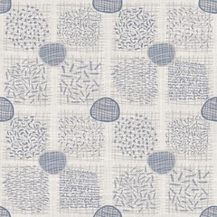 Seamless french farmhouse linen doodle background. Provence blue gray linen rustic pattern texture. Shabby chic style old woven flax blu scribble. Textile motif all over print.