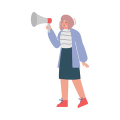 Businesswoman Shouting Through Loudspeaker, Social Media Marketing Concept, Business Promotion, Advertising Cartoon Vector Illustration